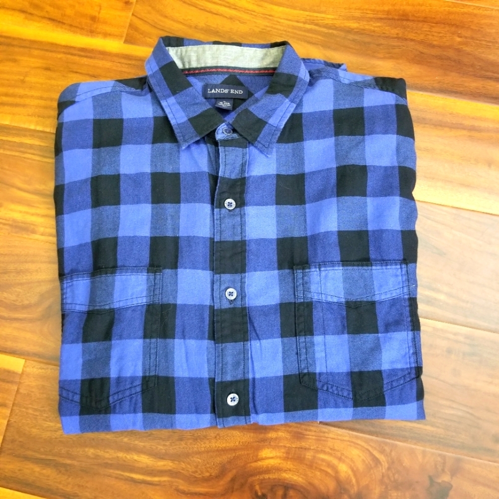 Lands' End Traditional Fit Shirt Mens Large Blue Plaid Long Sleeve Button Down
